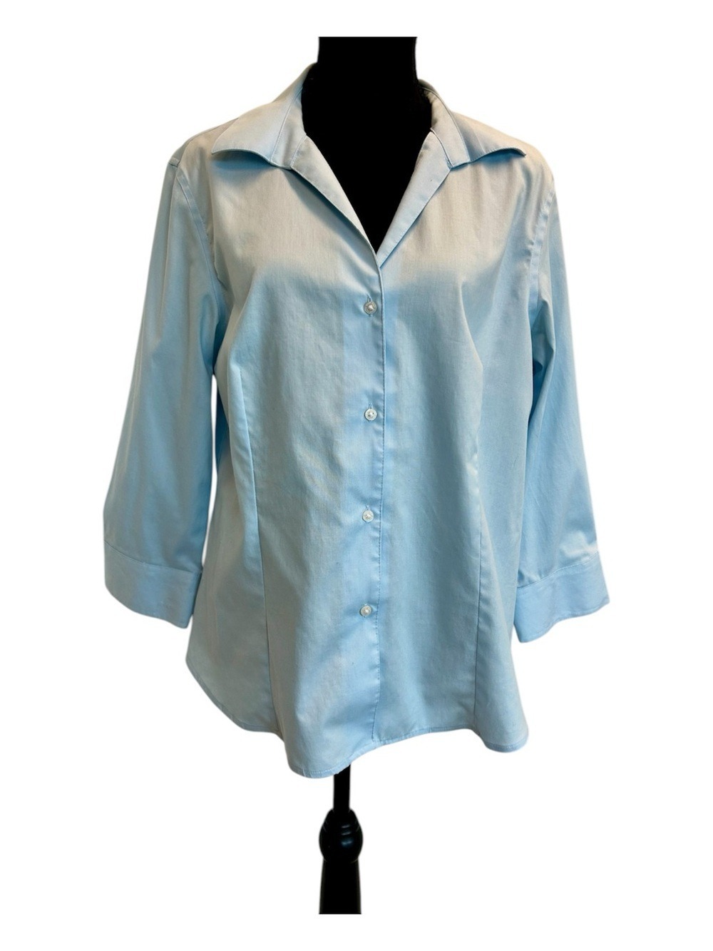 Ellen Tracy Non Iron Classic Light Blue Women's Button-Down Shirt L 3/4 Sleeve